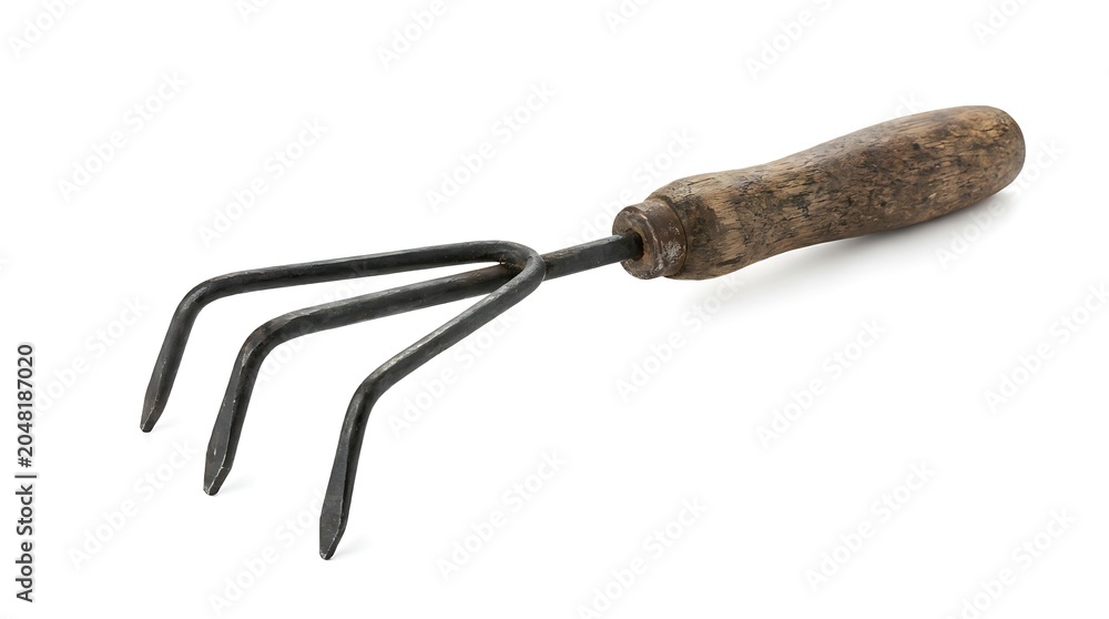 Obraz premium A rusty garden fork lies on a plain surface.