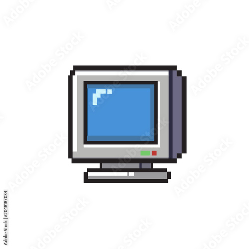 Pixel art retro computer monitor featuring a classic CRT desktop display, ideal for gaming assets, vintage technology projects, retro computing themes and nostalgic designs.