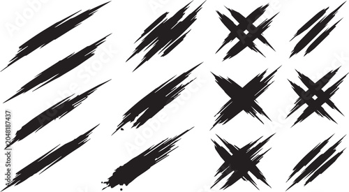 Fotografie Set of dramatic diagonal paint slash marks grunge cross marks and aggressive abs
