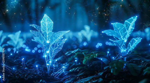 Glowing blue fantasy plants growing in dark soil with sparkling particles. Magical bioluminescent nature scene, futuristic botanical concept and mystical forest atmosphere. 4K Wallpaper