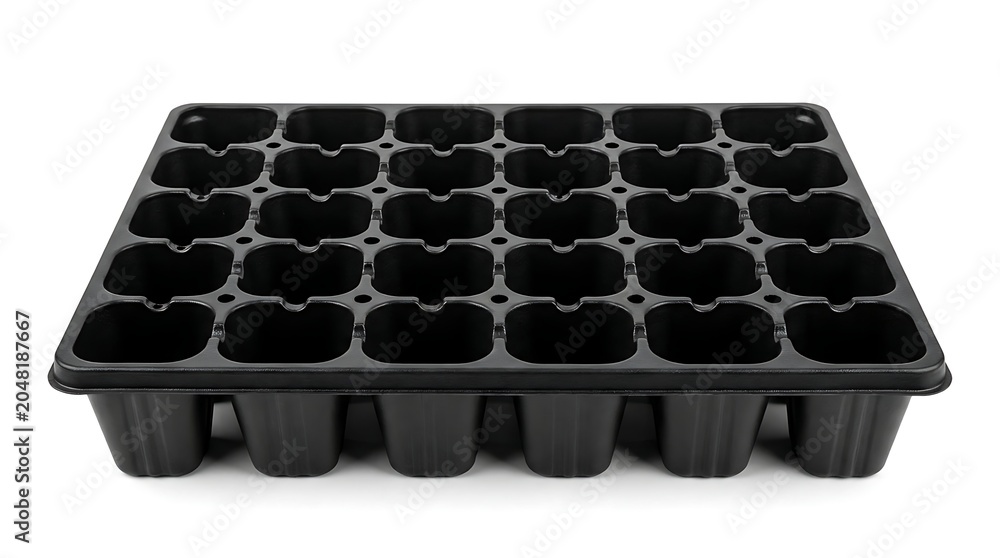 Naklejka premium A black seed starter tray with multiple small pots sits on a white surface indoors.