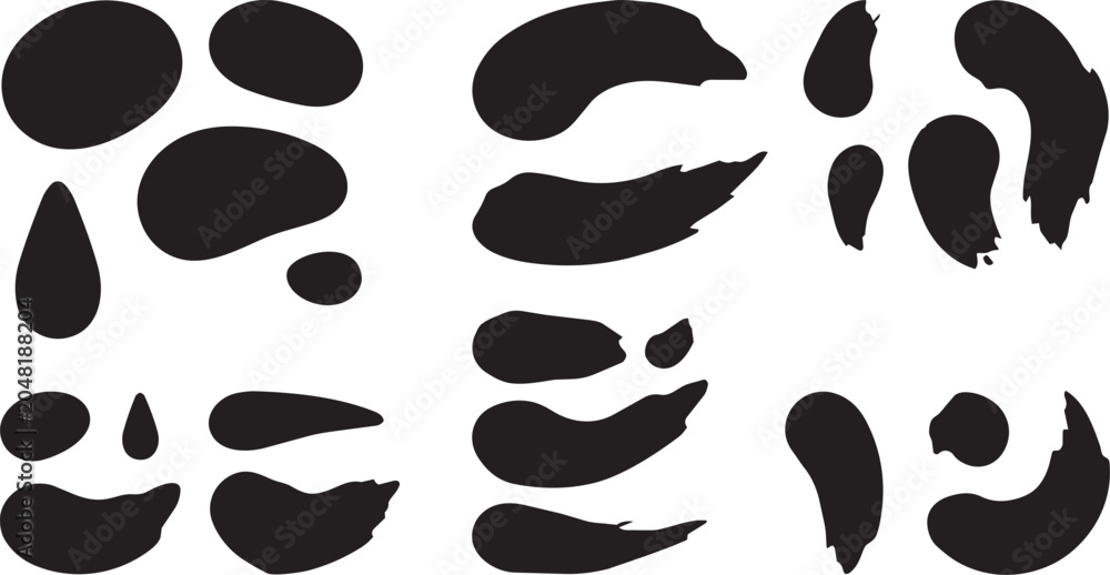 Fototapeta premium Collection of abstract black ink blots spots and smooth brush strokes isolated on white background