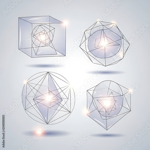 Geometric 3D wireframe shapes floating in space.