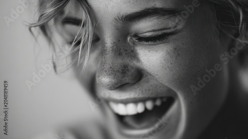 Close-up of a joyful young person laughing with eyes closed in black and white