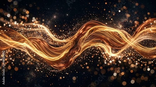 Abstract Golden Light Waves Flowing with Glowing Particles on Black Background