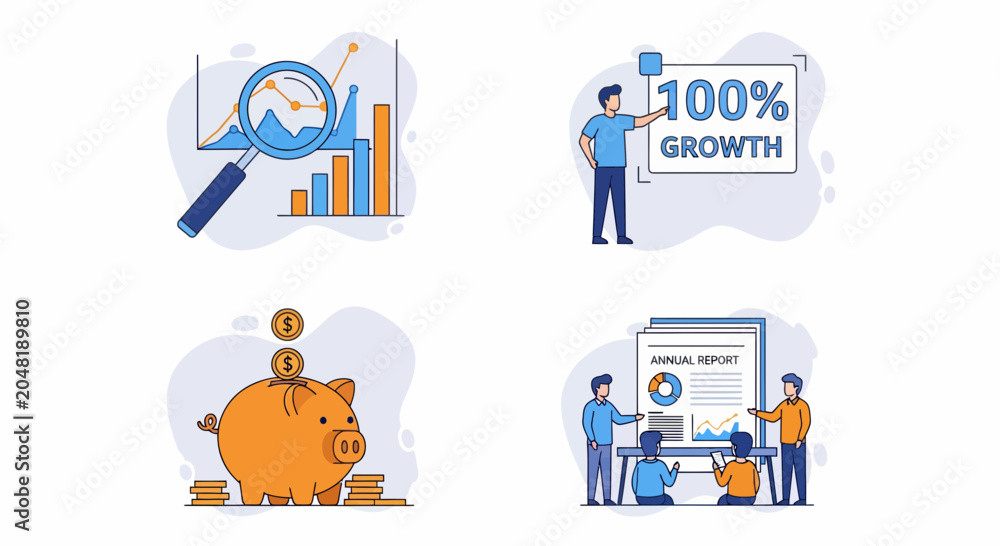 Fototapeta premium Professional business financial growth market analysis savings team and annual report data flat vector illustrations set for success