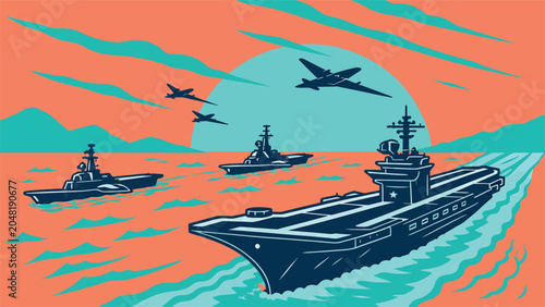 Canvas Print Vintage Style Vector Illustration of a Powerful Naval Fleet with Aircraft Carrie