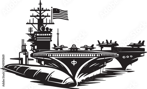 Foto Detailed Vector Graphic of a Modern Aircraft Carrier and Submarine with American Flag and Fighter Jets, Ideal for Military T-Shirt Designs, Tactical Graphics, and Patriotic Naval Art