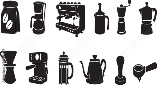 Foto Professional Coffee Maker and Brewing Equipment Silhouette Icons Set - Vector Illustration of Espresso Machine, French Press, Moka Pot, Grinder, and Barista Tools for Modern Cafe Design