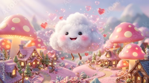 Cute Smiling Cloud Character Floating Over a Pink Mushroom Village in a Whimsical Fantasy Land with Hearts