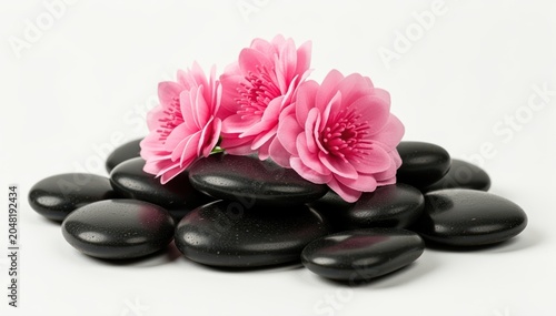 Zen Serenity: A pile of smooth, black hot stones topped with delicate pink blossoms evokes a sense of peace and tranquility, perfect for spa and wellness themes.