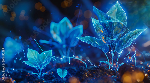 Glowing blue fantasy plants growing in dark soil with sparkling particles. Magical bioluminescent nature scene, futuristic botanical concept and mystical forest atmosphere. 4K Wallpaper