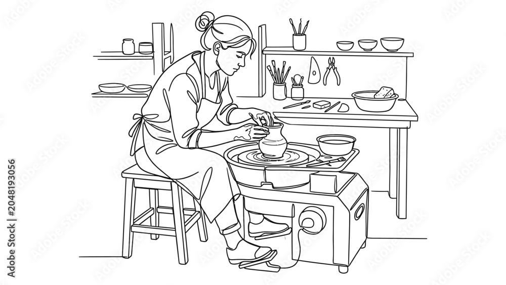 Fototapeta premium Woman working on pottery wheel in studio.