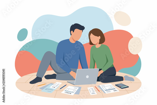 Couple Managing Household Budget and Real Estate Property Tax Online