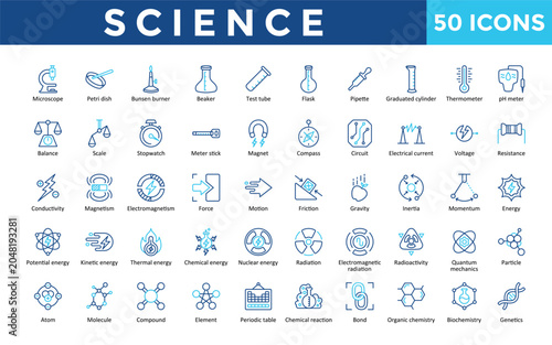 Fotografía Science icons set with microscope, petri dish, bunsen burner, beaker, test tube, flask, pipette, graduated cylinder, thermometer, conductivity icon