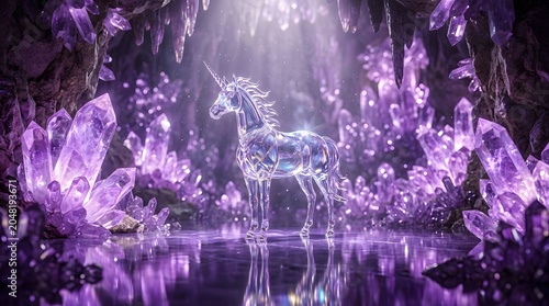 Majestic glass unicorn standing in a magical purple crystal cave