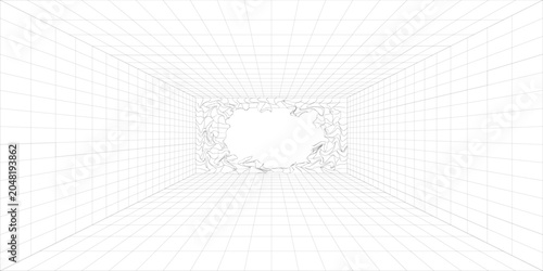 Abstract White Background with Black Wireframe Perspective Tunnel Grid and Broken Liquid Distortion Center