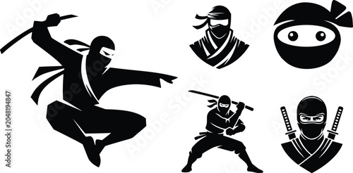 Photos Black ninja icon set representing stealth warrior, martial arts fighter, masked
