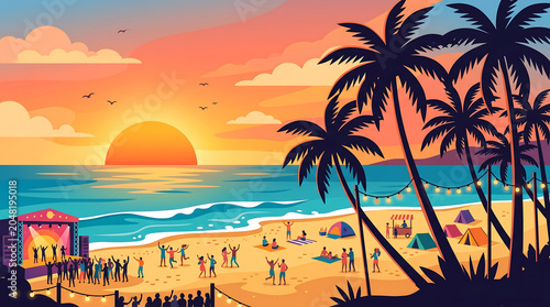 Vibrant beach music festival featuring dancing crowds under a warm golden sunset on white background