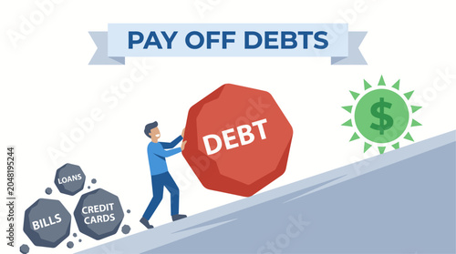 Photos Man pushing a large red rock labeled DEBT uphill towards a dollar sign, representing financial struggle, debt management, and success in paying off loans and credit card bills