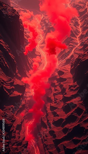 Crimson dust swirls through illuminated canyons, a digital mirage of parched earth seen from the orbital perch,  futuristic desert,  digital