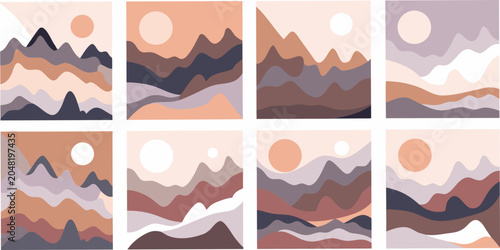 Foto Geometric landscapes with sun and layered mountains vector illustration