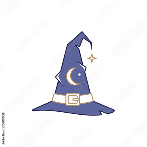 Stylized illustration of a witchs hat with moon and star symbols