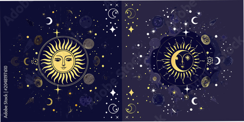 Foto Sun And Moon Illustration With Stars Celestial Pattern On Dark Background