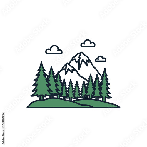 Stylized mountain and forest illustration with trees clouds and peaks