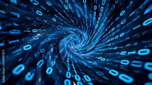 Binary digits zero and one swirling in blue spiral forming data tunnel on dark background