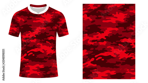 Photos Red camouflage T-shirt and matching fabric swatch displayed on white background
