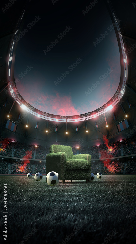 Naklejka premium Green grass armchair and balls on a soccer field in a stadium at night