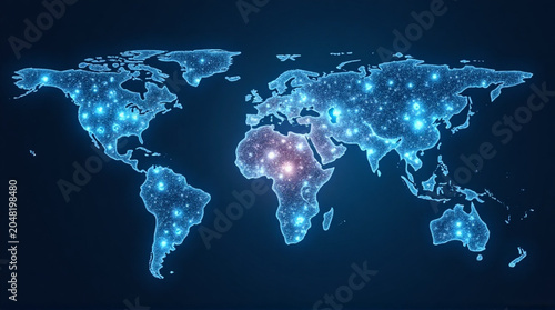Glowing world map with Africa highlighted in vibrant starry night sky