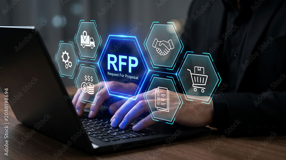 Naklejka premium Businessperson using laptop for RFP request for proposal procurement process