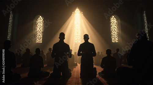 Worshipers praying in a beautiful mosque with stunning stained glass windows