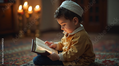 Young boy reading book in cozy indoor setting with candles