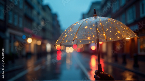Glowing umbrella standing alone on a rainy city street at dusk