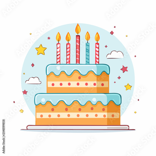 Two-Tiered Birthday Cake with Candles and Stars