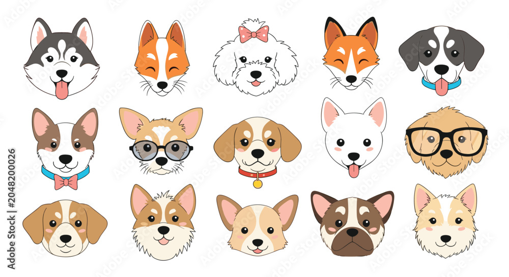 Fototapeta premium Set of fifteen cute cartoon dog breed faces including husky, corgi, poodle, and others depicted with various expressions and styles.