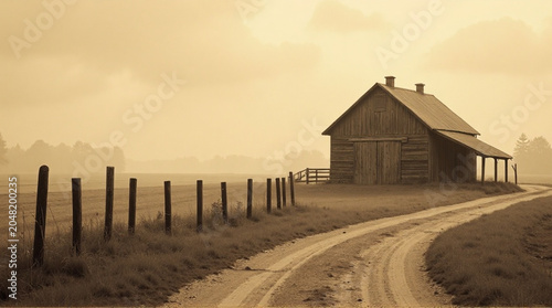Rustic barn on a foggy rural landscape with dirt road