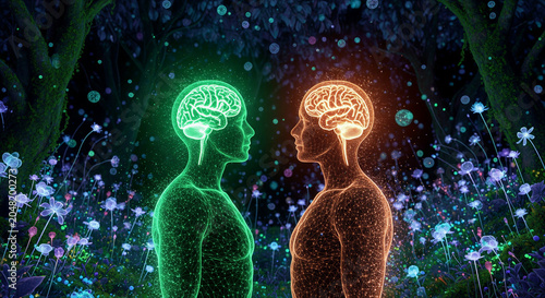Two glowing human figures with visible brains in a fantasy forest