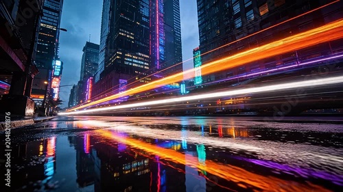 Night city street with tall buildings and colorful vehicle light trails on wet surface