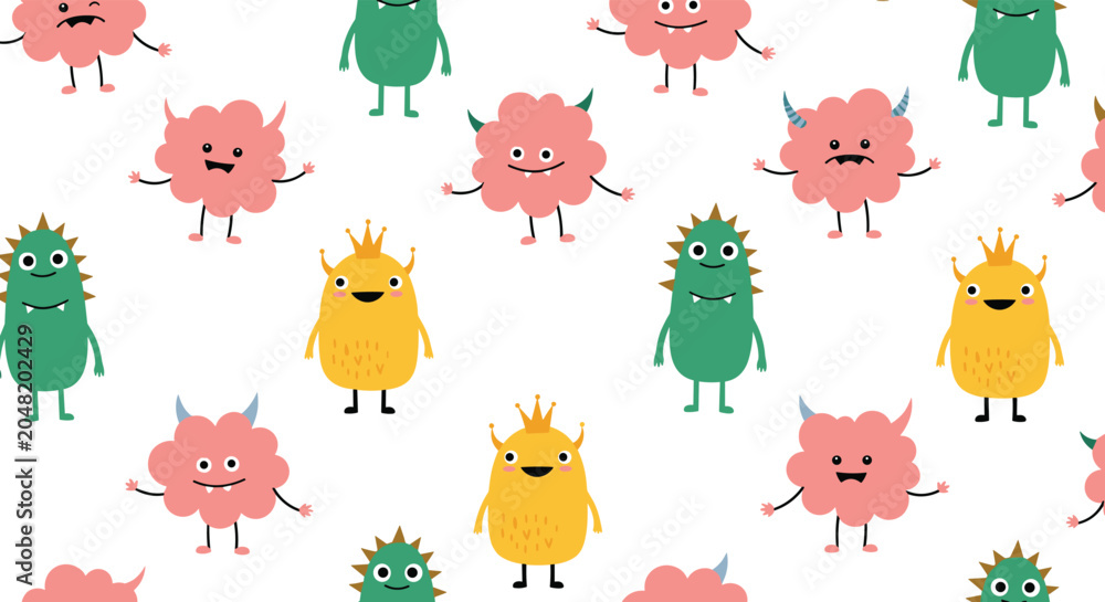 Fototapeta premium Seamless pattern of colorful and quirky monsters with different shapes and expressions on a clean white background.