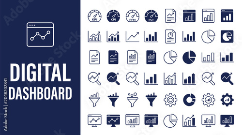 Set of blue digital dashboard icons featuring various data charts graphs and analytical performance metrics