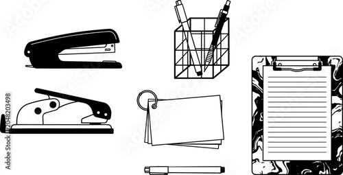 Bild auf Leinwand Office Stationery and Desk Supplies Icon Set with Stapler, Hole Punch, Pen Holde