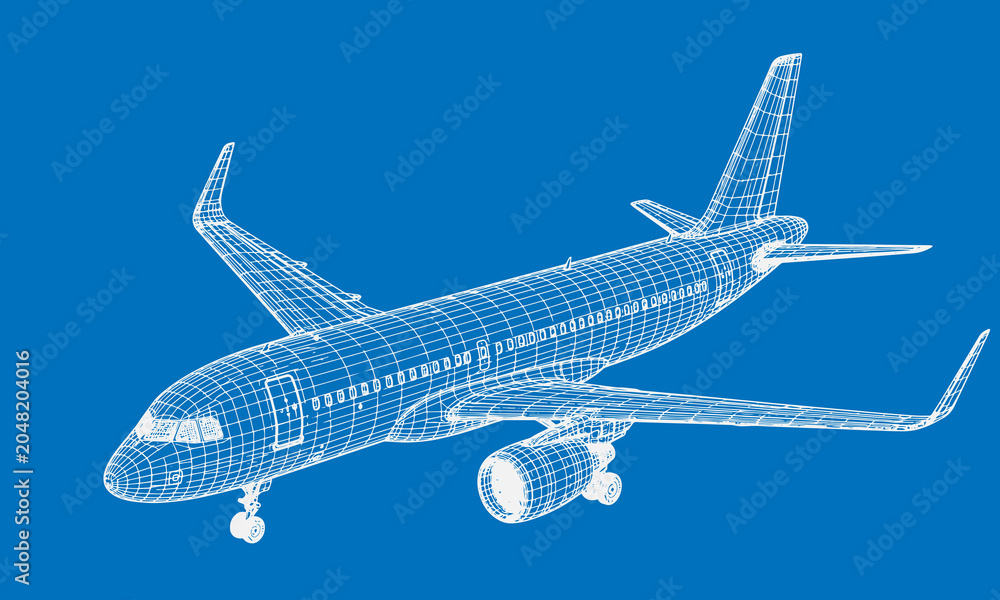 Fotografie Airplane Wireframe Vector Illustration – Futuristic Aircraft 3D Mesh Engineering