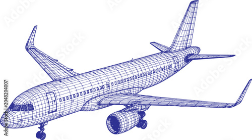 Foto Airplane Wireframe Vector Illustration – Futuristic Aircraft 3D Mesh Engineering