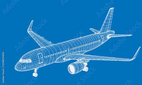 Schilderij op canvas Airplane Wireframe Vector Illustration – Futuristic Aircraft 3D Mesh Engineering