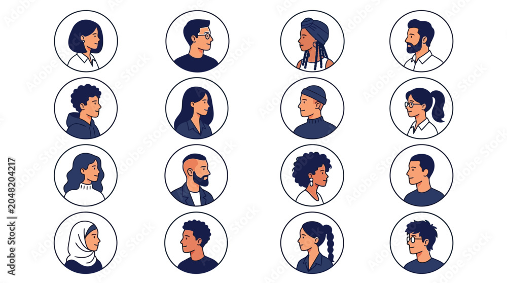 Fototapeta premium Diverse group of professional people portraits displayed in circular frames featuring various hairstyles and clothing styles representing a modern inclusive community of individuals looking sideways i