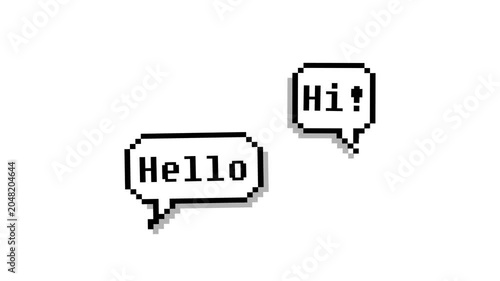 Pixel art style empty chat speech bubble animation with hi and hello text on chroma key green screen, 4k loopable video.